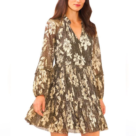 NEW Vince Camuto Lurex Floral Print Tiered Shift Dress Black & Gold Size XL - Picture 2 of 15